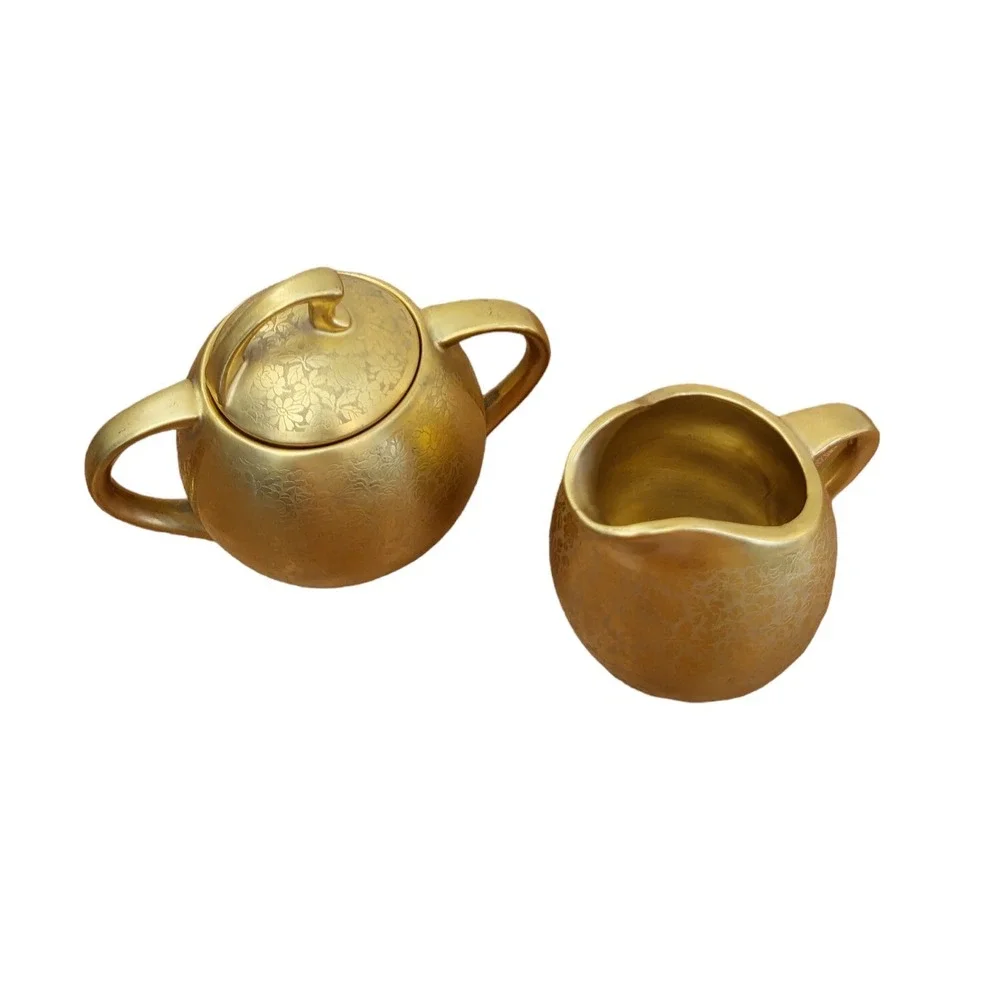 22Kt Gold Gilt Porcelain Osborne Sugar‎ Bowl Creamer Lidded Floral Design Signed